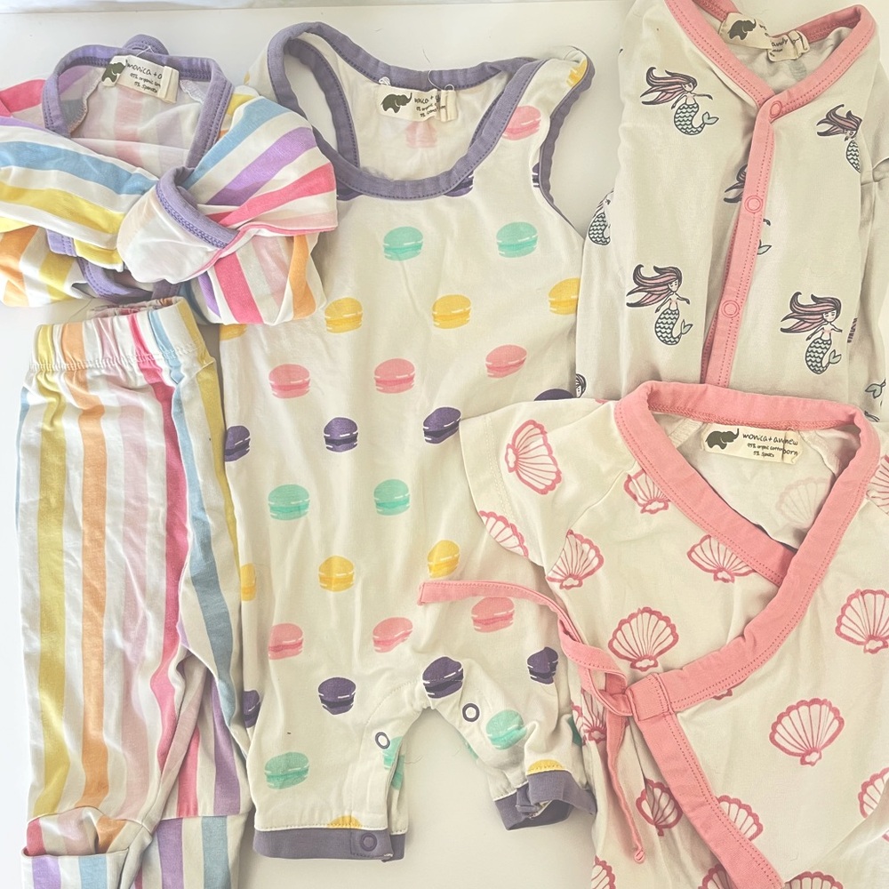 Monica & Andy Newborn-3 Mo Set 4 Girl Outfits Macaroon Mermaid Seashells Rainbow